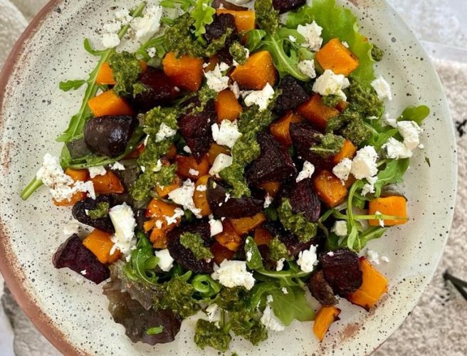 Roasted Beets and Squash with Feta and Basil Dressing