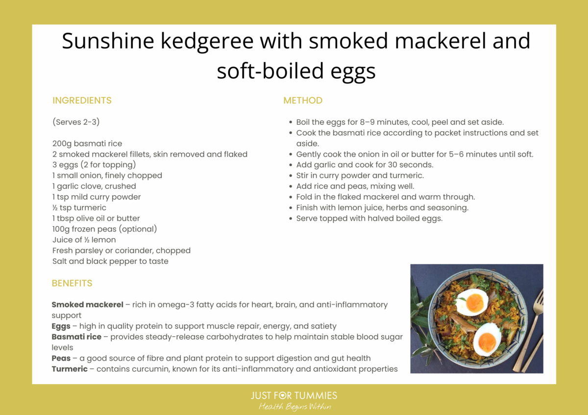 Sunshine kedgeree with smoked mackerel and soft-boiled eggs