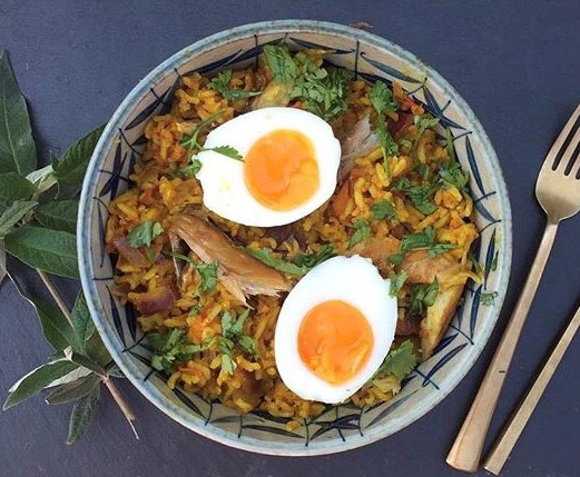 Sunshine kedgeree with smoked mackerel and soft-boiled eggs